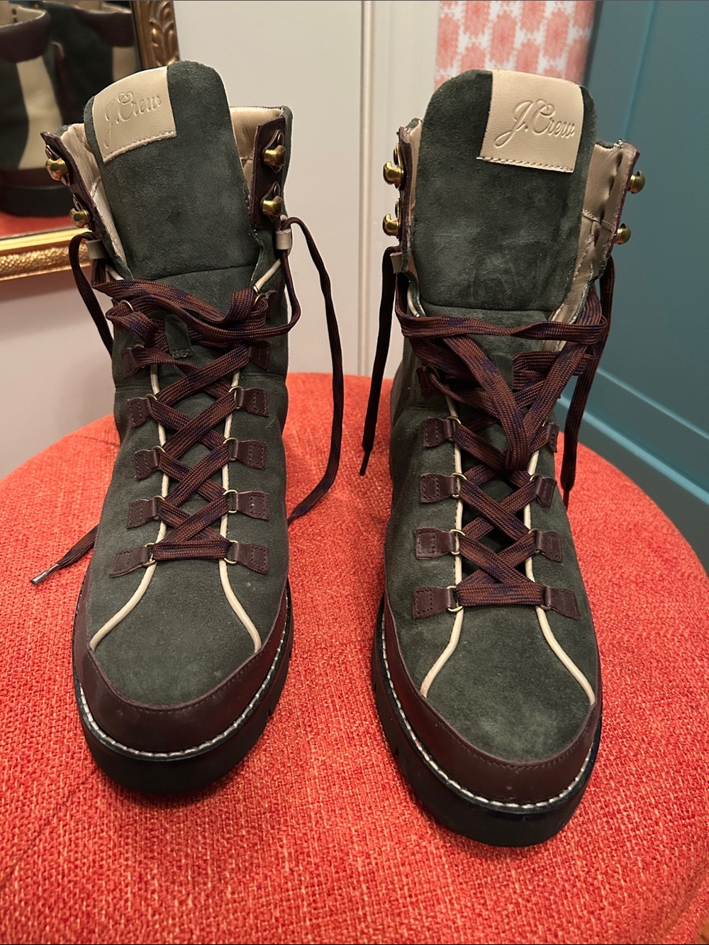 J. Crew Olive Green suede and Brown leather Lace-Up Boots